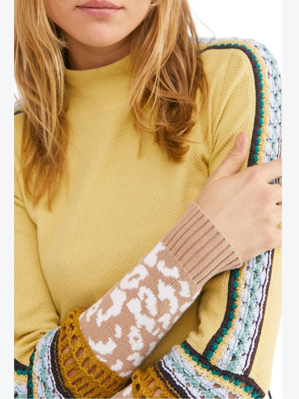NEW Free People Switch It Up Sun Down Yellow Crochet Mock Neck Thermal Top